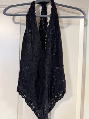 Free People Intimately Black Lace Halter Bodysuit Size XS/S NWOT Sheer